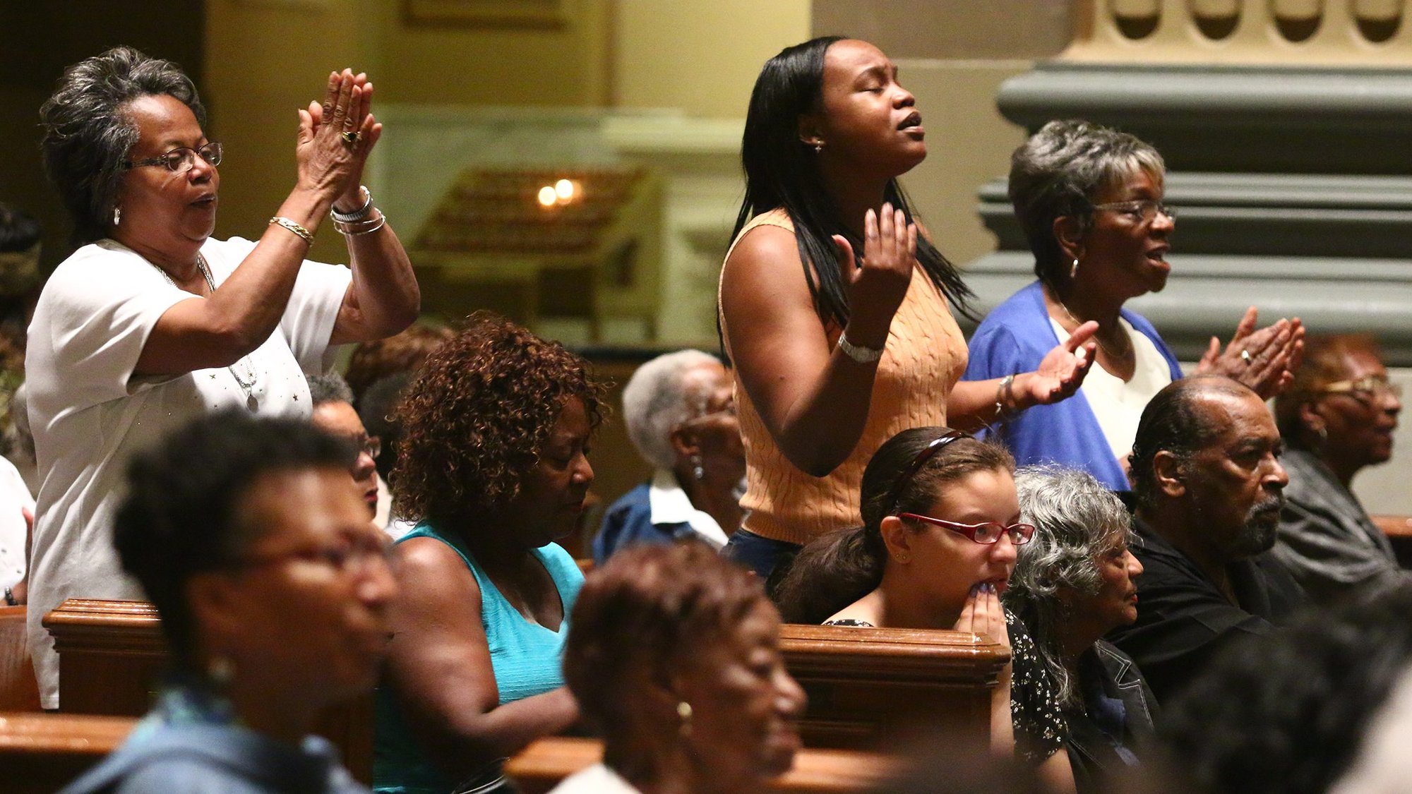 Black Catholics participate in a revival in the Cathedral Basilica of SS. Peter and Paul in Philadelphia in this undated photo. (CNS photo/Sarah Webb, CatholicPhilly.com)