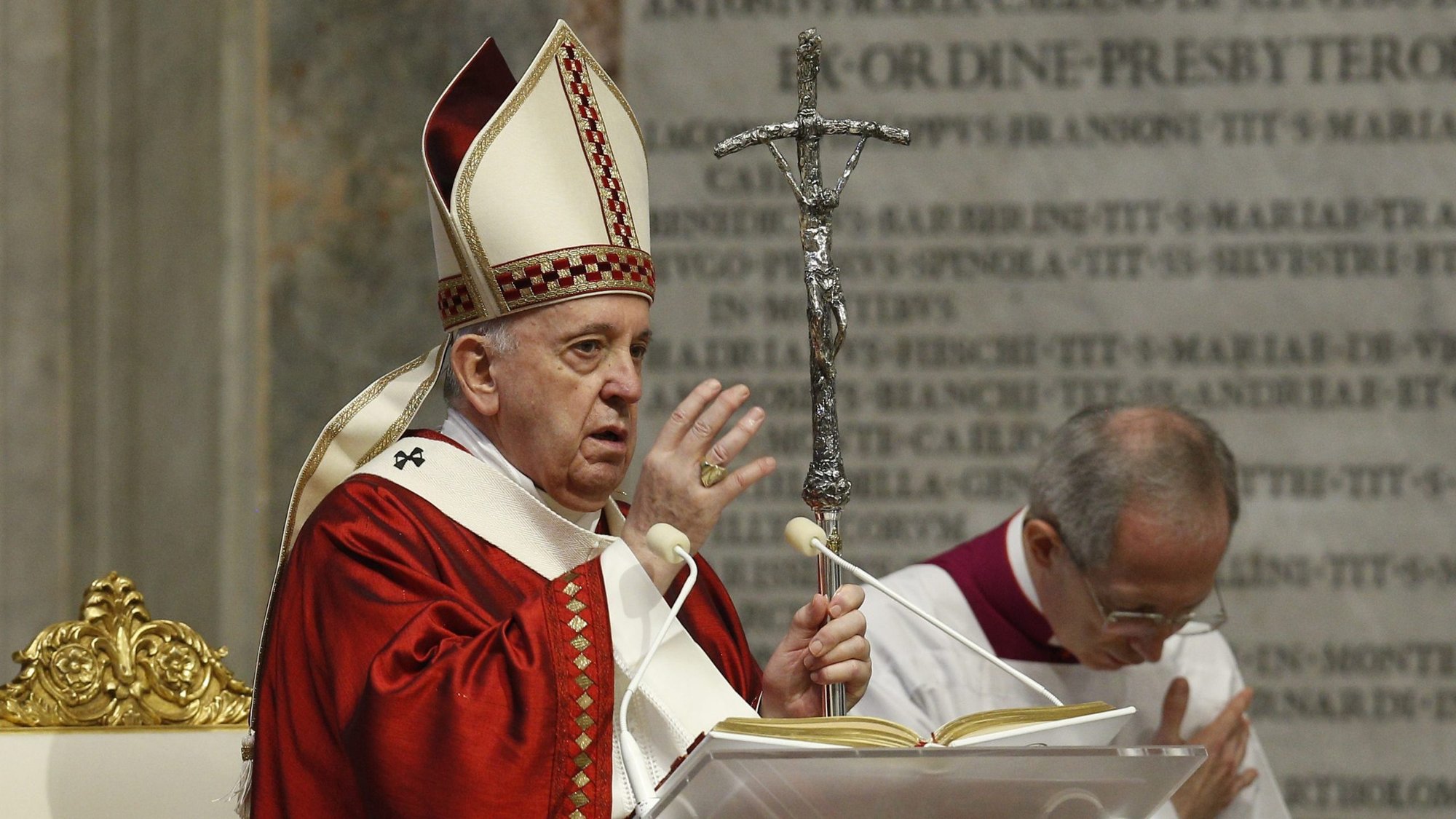 Pope Francis delivers his blessing as he celebrates Mass marking the feast of Sts. Peter and Paul in St. Peter's Basilica at the Vatican June 29, 2020. (CNS photo/Paul Haring)