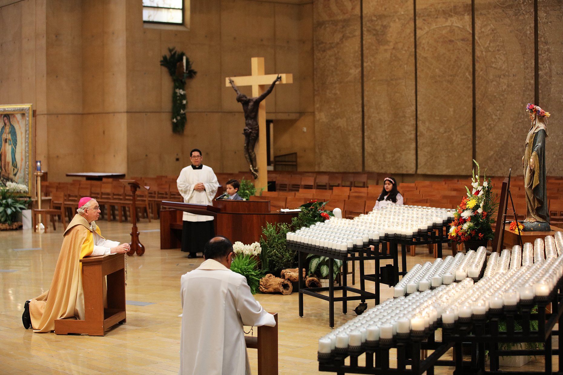 Archbishop Gomez prays to the Blessed Mother after Mass on June 1, 2020. (Victor Alemán)
