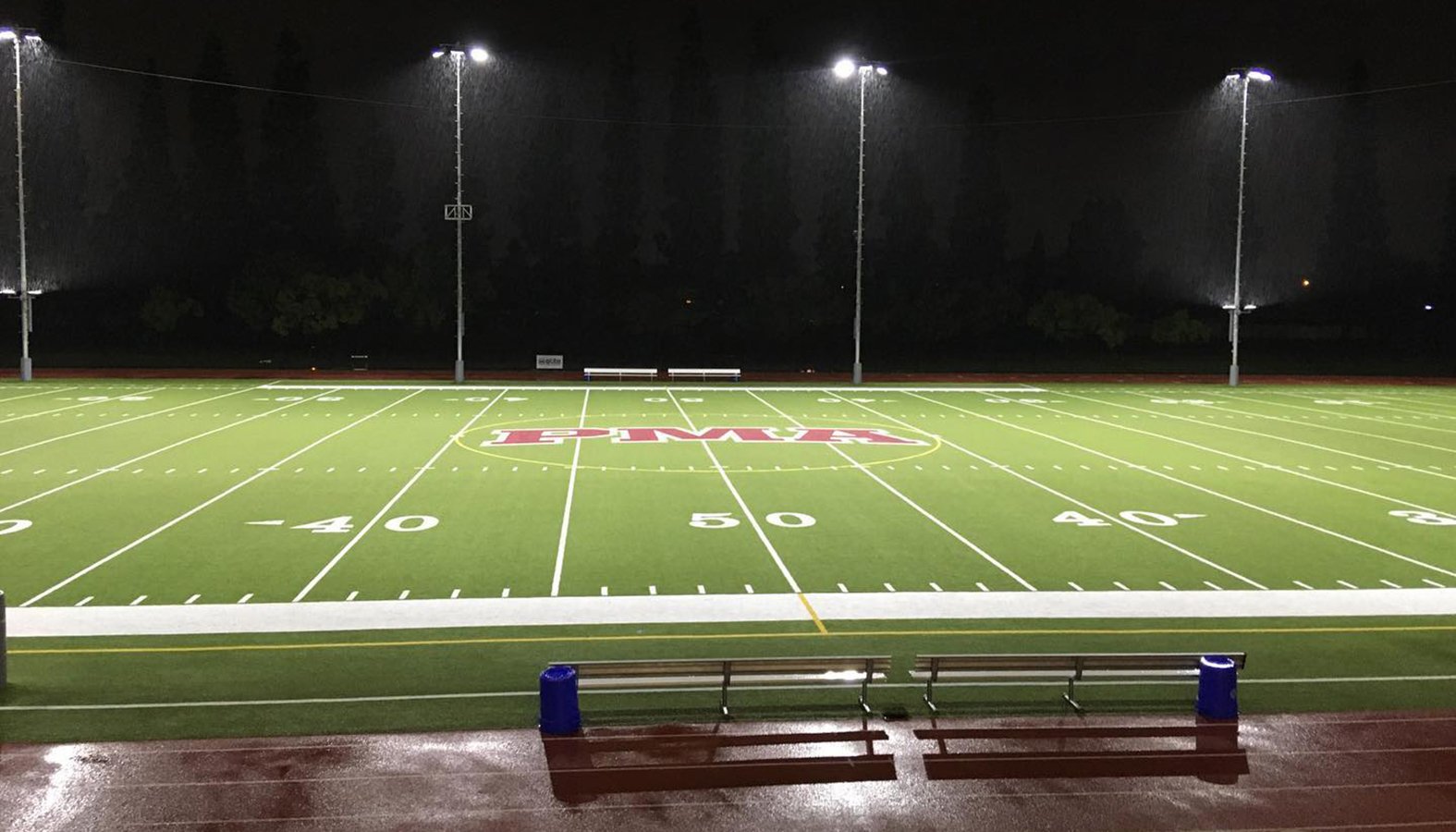 St. Pius-Matthias Academy's empty Smet Stadium on April 9, 2020. (Image via Facebook @PiusMatthiasAcademy)