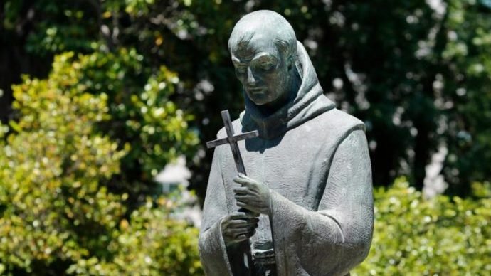A statue of St. Junipero Serra in Sacramento, Calif., is seen in this 2015 file photo. It was torn down by a group of demonstrators late July 4, 2020. (Nancy Wiechec/CNS via Crux)