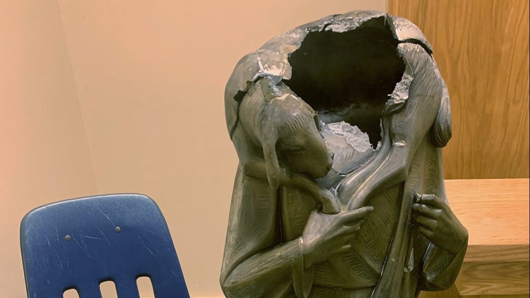 A decapitated statue of Jesus is seen at Good Shepherd Catholic Church in Miami July 15, 2020. (CNS photo/courtesy Florida Catholic)