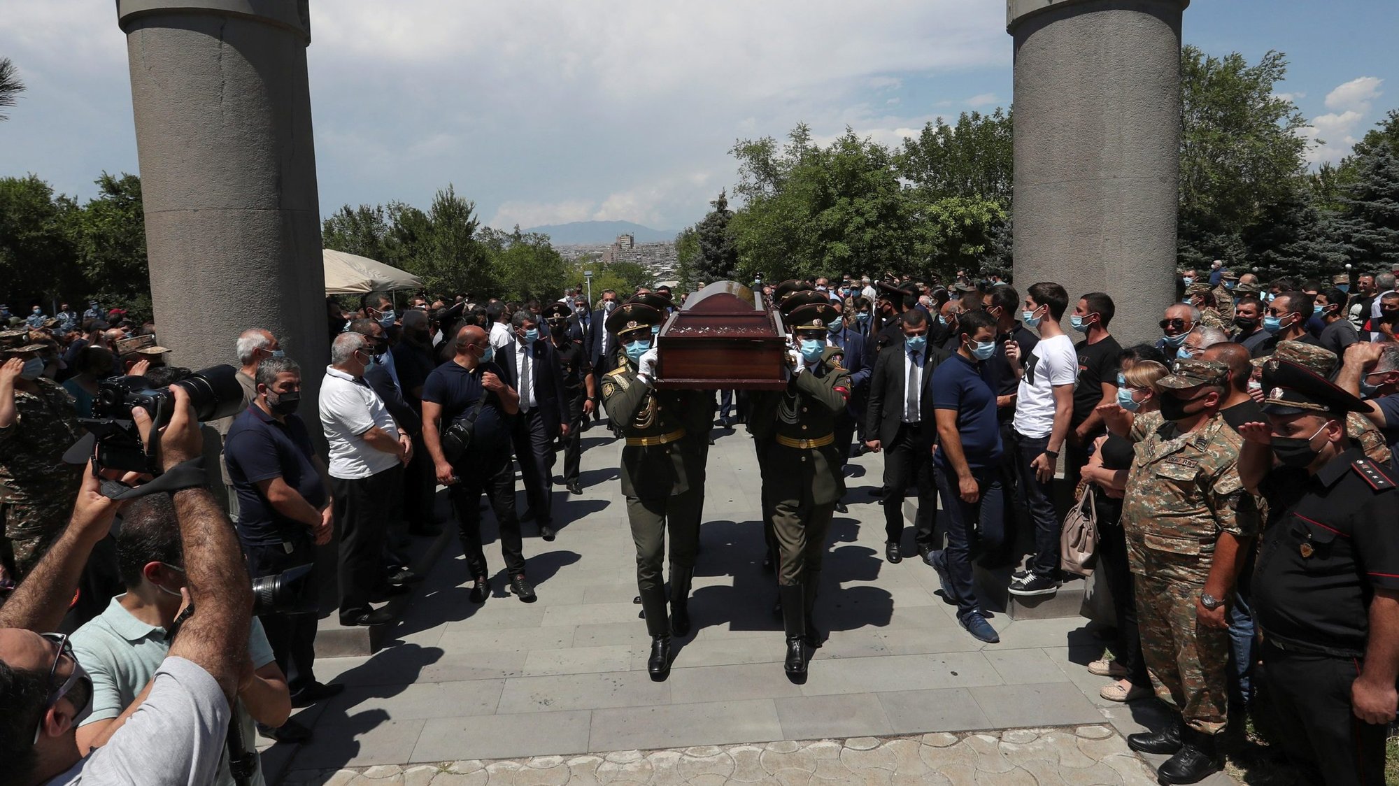 Mourners attend the funeral of Maj. Garush Hambardzumyan in Yerevan, Armenia, July 16, 2020, after he was killed in recent border clashes between the armed forces of Armenia and Azerbaijan. Pope Francis expressed his concerns about increased tensions at the Armenia-Azerbaijan border during his Angelus at the Vatican July 19. (CNS photo/Vahram Baghdasaryan, Photolure via Reuters)