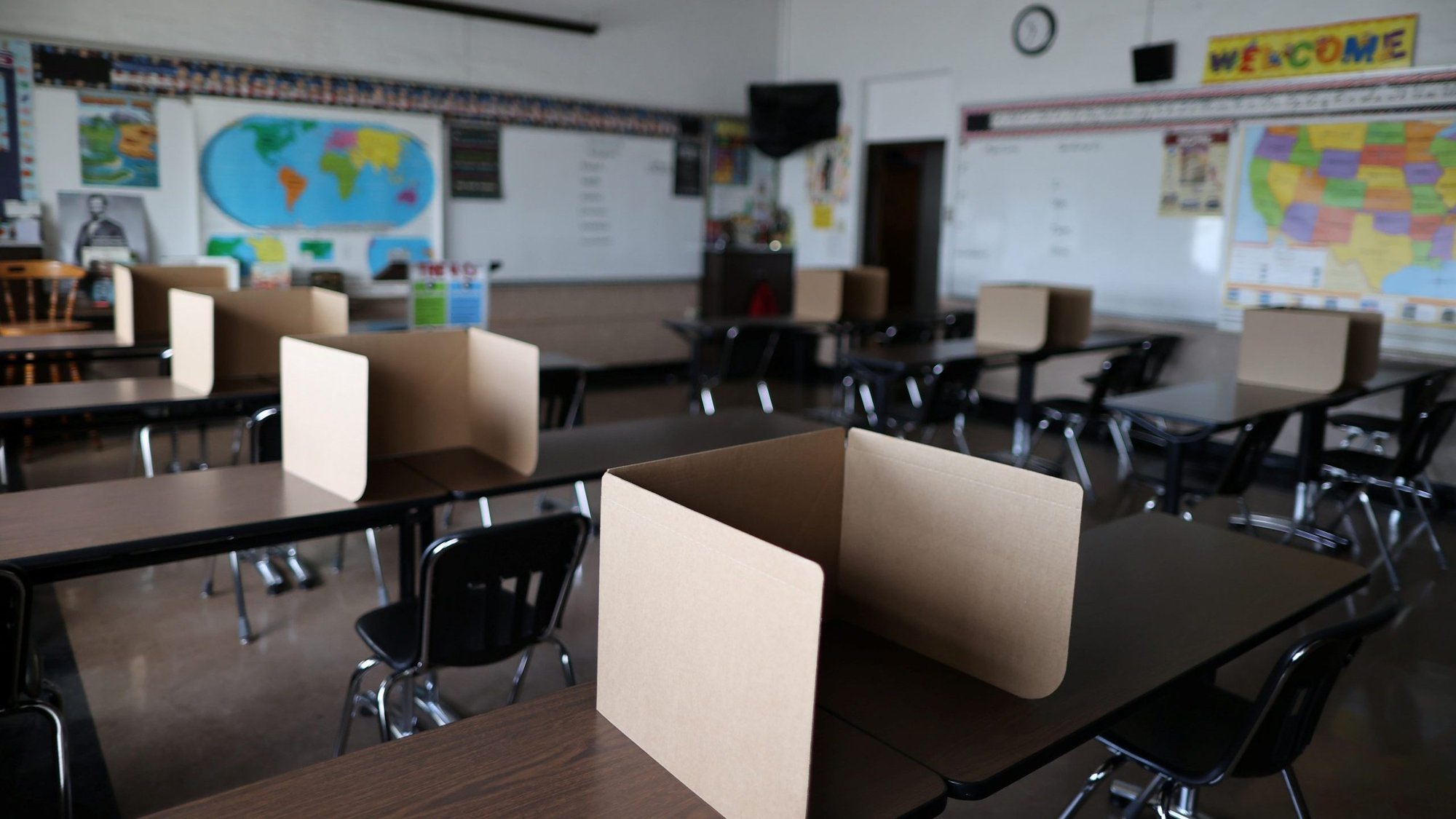 Social-distancing dividers for students at St. Benedict School in Montebello, Calif., are seen July 14, 2020. (CNS photo/Lucy Nicholson, Reuters)
