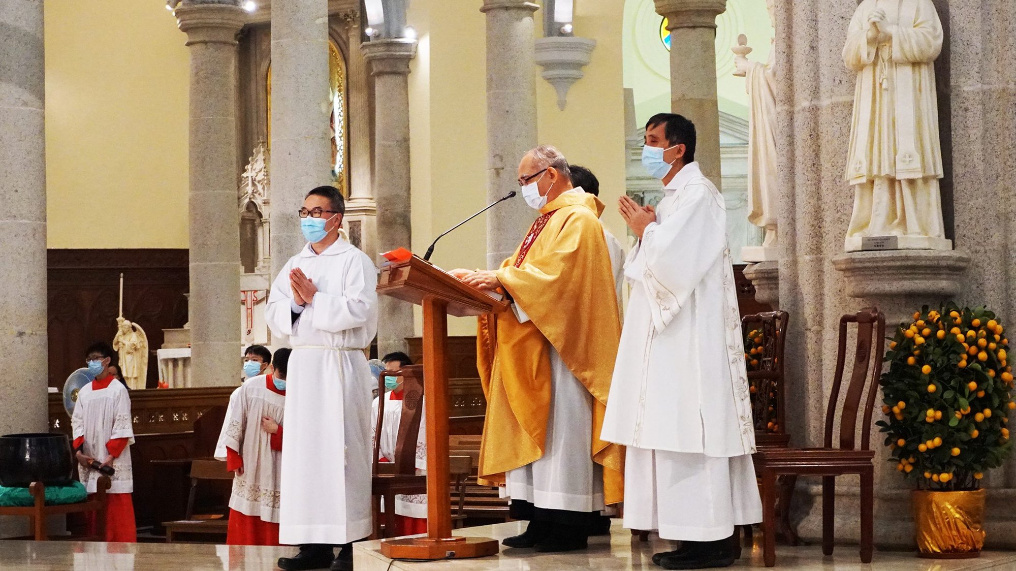Catholics celebrate Mass at Hong Kong's Catholic Cathedral with protective masks Feb. 2, 2020. China has been accused of hacking Vatican computers as well as those in the Diocese of Hong Kong and other Catholic organizations in May. (CNS Photo/Francis Wong)