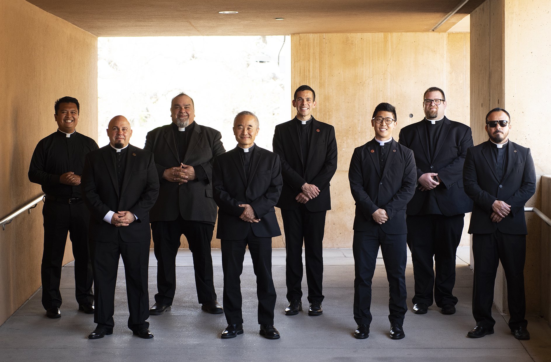 L-R: Louie Reyes, Daniel Garcia, Manuel Ramos, Thomas Park, Michael Mesa, Justin Oh, Jonathan Nestico, and Filiberto Cortez, the “Pandemic Class of 2020,” will be ordained as priests for the Archdiocese of Los Angeles on Aug. 8. (Victor Alemán)