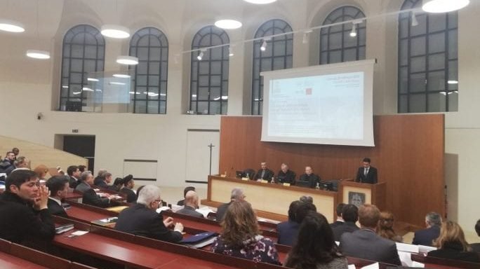 The Vatican's Secretary of State speaks at a conference at the Gregorian University in Rome on treaties between the Holy See and states Feb. 28, 2019. (Claire Giangravè/Crux)