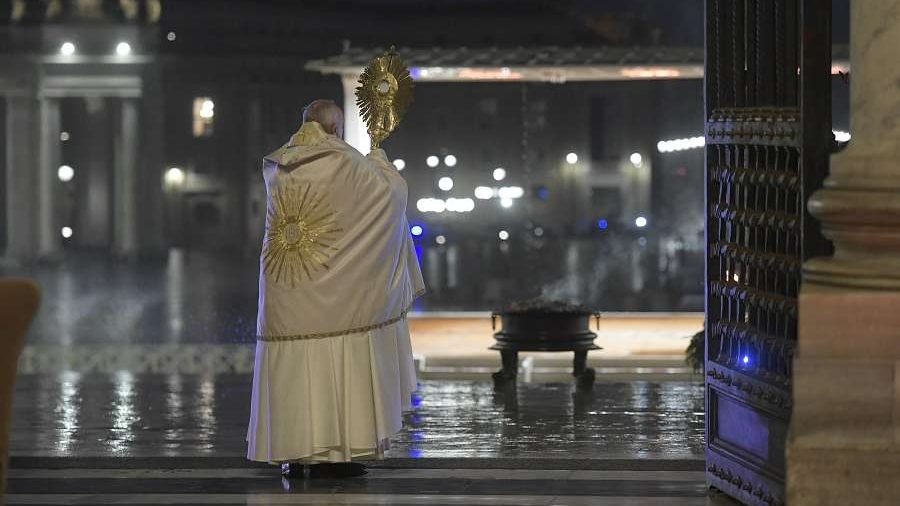 Pope Francis gives an extraordinary Urbi et Orbi blessing from the loggia of St. Peter's Basilica March 27, 2020. (Vatican Media via CNA)