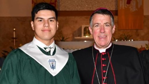 Dan Anderl poses for a photo with Bishop James F. Checchio of Metuchen, N.J., in this 2018 photo. The son of New Jersey federal Judge Esther Salas, he was fatally shot at her North Brunswick home July 19, 2020. (CNS screen grab/St. Joseph High School) See JUDGE-SALAS-SON Aug. 4, 2020.