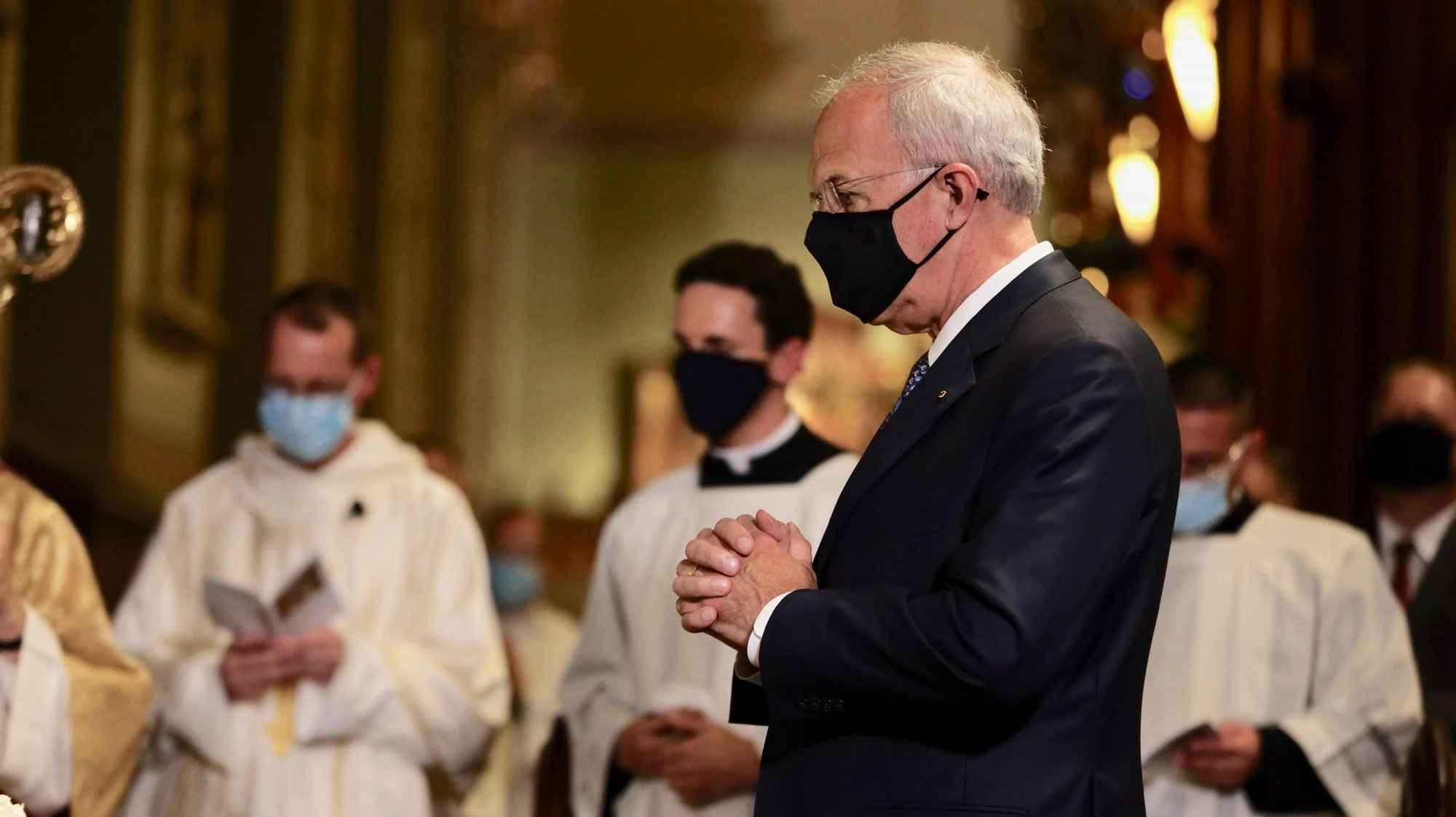 Carl Anderson, CEO of the Knights of Columbus, is seen wearing a face mask Aug. 4, 2020, at St. Mary's Church in New Haven, Conn., on the opening day of the Knights' 138th annual Supreme Convention. During an Aug. 4 convention speech, Anderson asked members to redouble efforts to fight racism, violence and hatred through their principles of charity and unity. (CNS photo/courtesy Knights of Columbus)