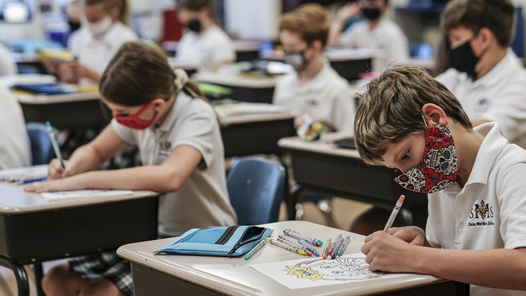 Students work at their desks on the first day of the new school year at St. Matthew School in Franklin, Tenn., Aug. 6, 2020, with extensive COVID-19 protocols in place, including temperature screening and mandatory face masks for each student. (CNS photo/Rick Musacchio, Tennessee Register)