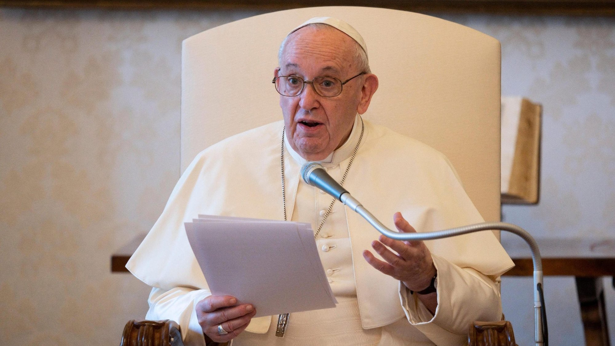 Pope Francis leads his general audience in the Apostolic Palace at the Vatican Aug. 12, 2020. The pope said the coronavirus pandemic has shed light on other "more widespread social diseases." (CNS photo/Vatican Media)