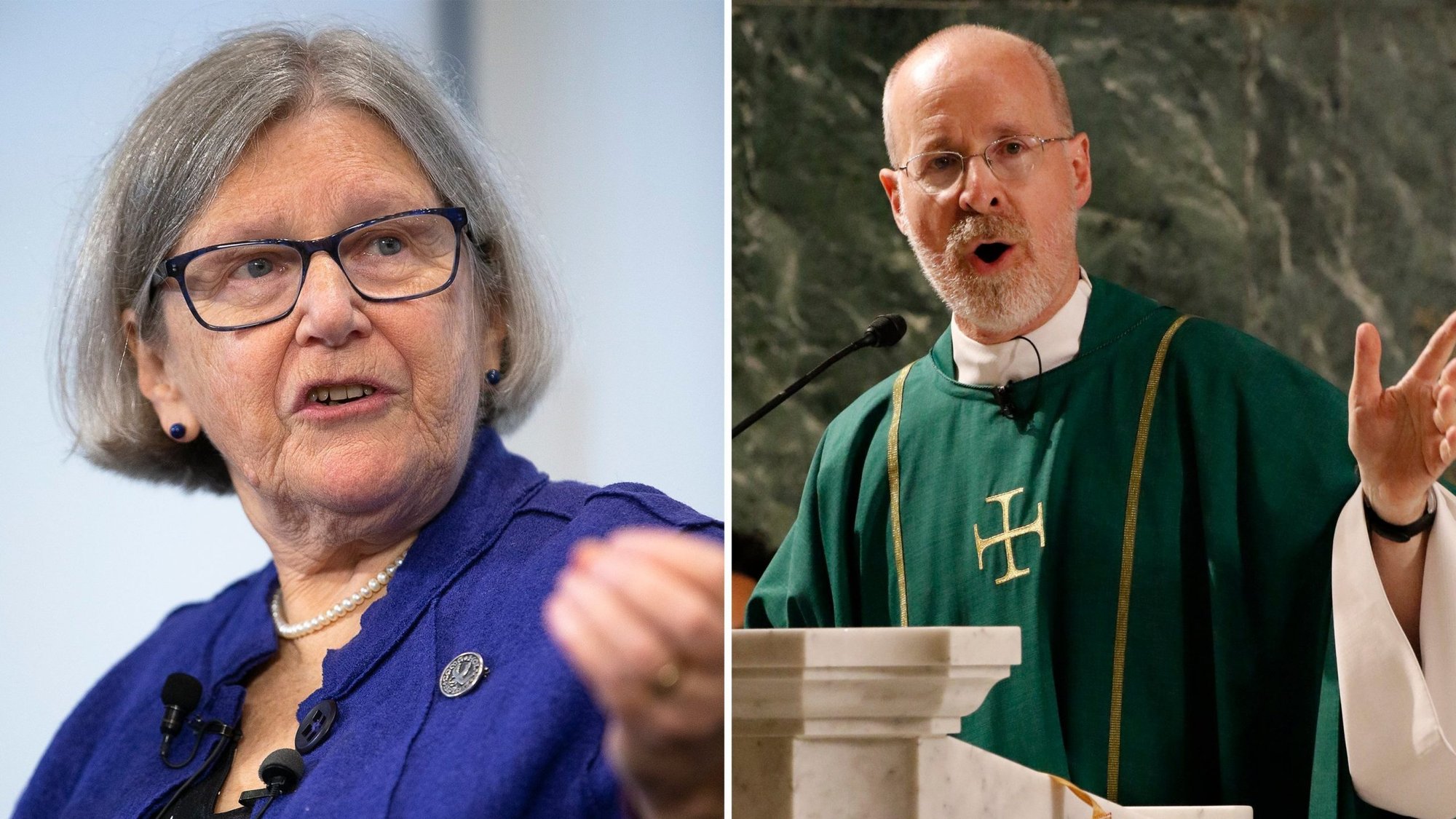 Sister Simone Campbell, a Sister of Social Service, who is executive director of the Catholic social justice lobby Network, and Jesuit Father James Martin, author and editor at large of America magazine, are seen in this undated composite photo. (CNS composite/photos by Tyler Orsburn and Gregory A. Shemitz)