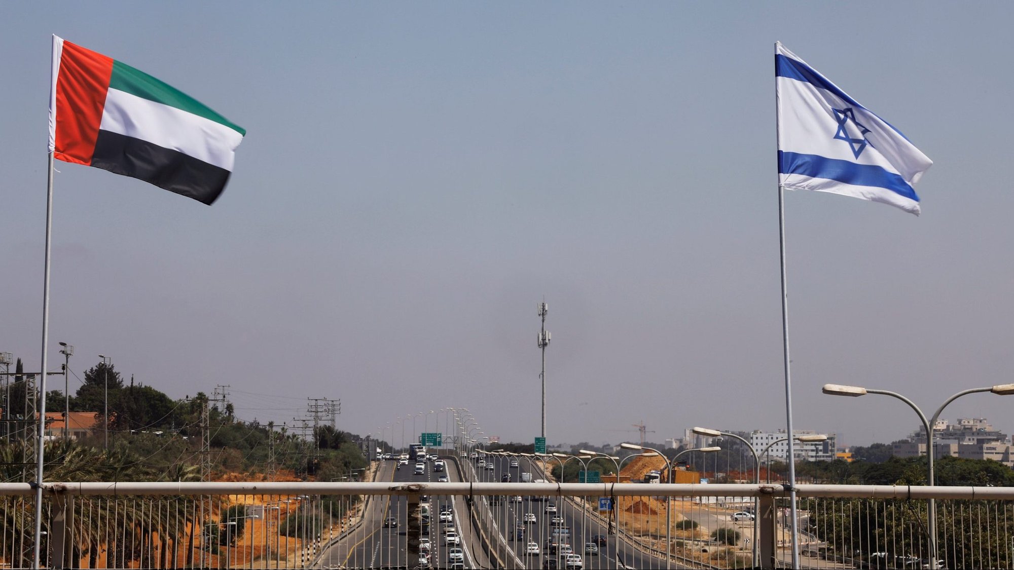 The national flags of Israel and the United Arab Emirates flutter along a highway in Netanya, Israel, Aug. 17, 2020. (CNS photo/Nir Elias, Reuters)