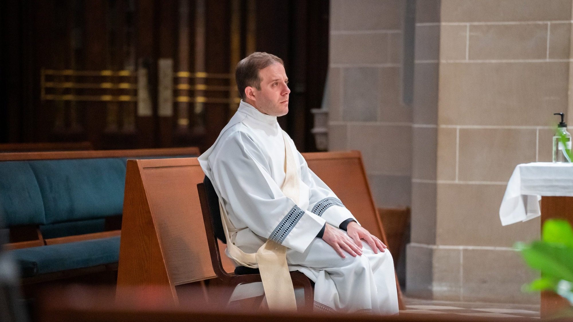 Father Matthew Hood is seen at the Cathedral of the Most Blessed Sacrament in Detroit Aug. 17, 2020. Father Hood was validly ordained a priest two weeks after he discovered he was not properly baptized 30 years ago. (CNS photo/Valaurian Waller, Detroit Catholic)