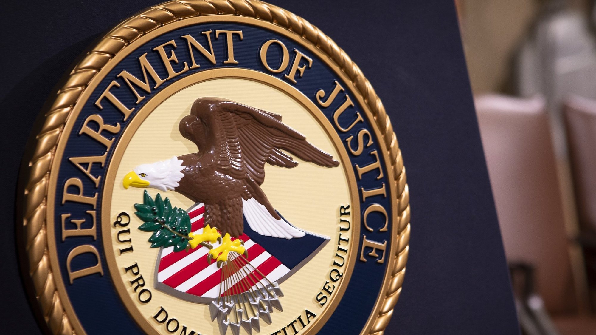 The Department of Justice seal is seen in the Great Hall at the Main Justice Building in Washington in this file photo. Lezmond Mitchell, a member of the Navajo Nation, is scheduled to be executed Aug. 26, 2020, for crimes committed on a reservation. (CNS photo/Tyler Orsburn)