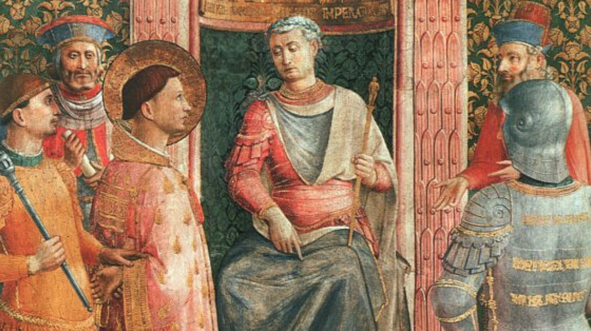 "Lawrence before Valerianus," detail from a fresco by Bl. Fra Angelico, c. 1447–50, Pinacoteca Vaticana. (Wikipedia)