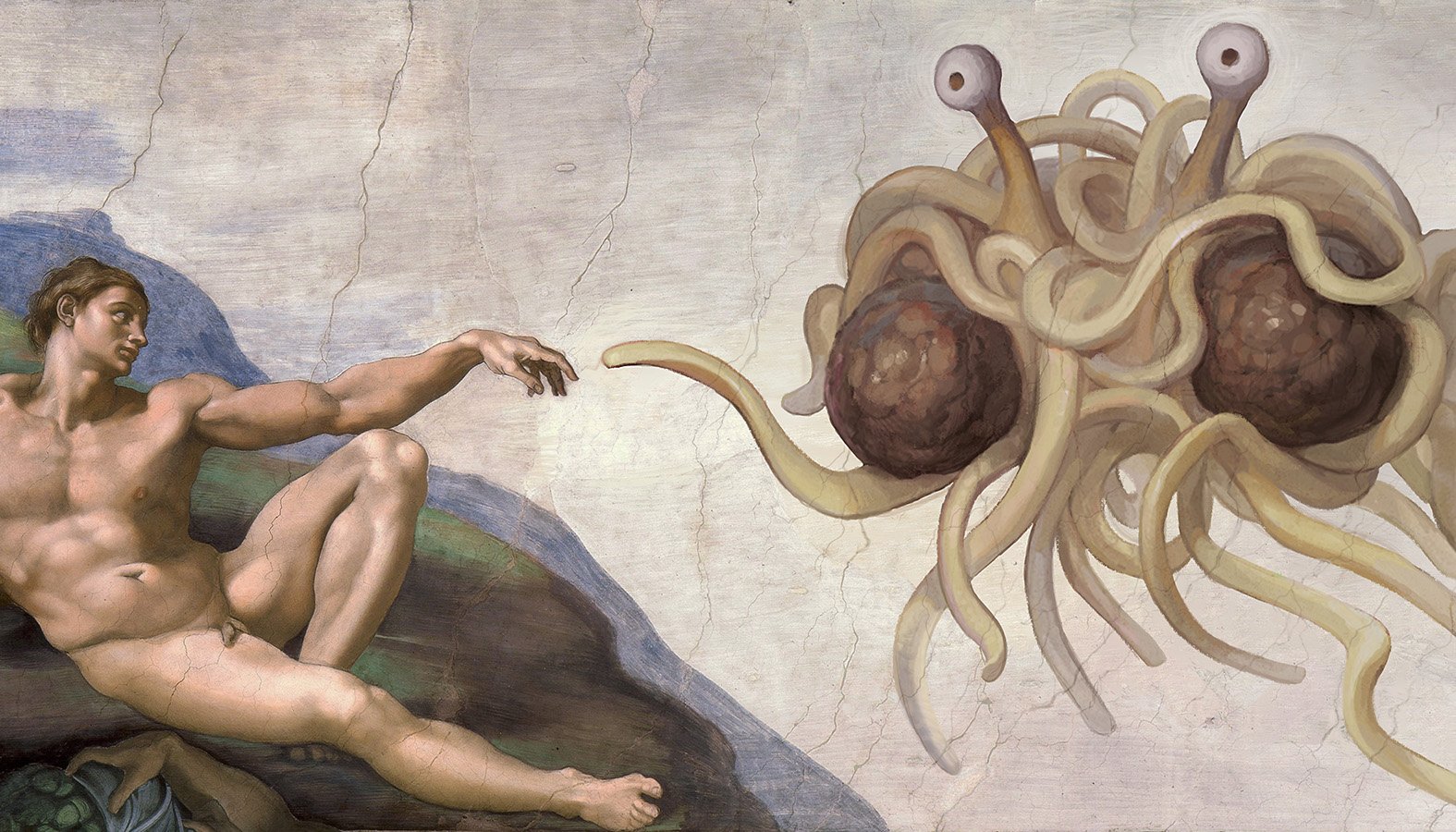 "Touched by His Noodly Appendage," the parody of Michelangelo's "Creation of Adam" has become an iconic image of the Flying Spaghetti Monster. (Arne Niklas Jansson/Wikimedia Commons)