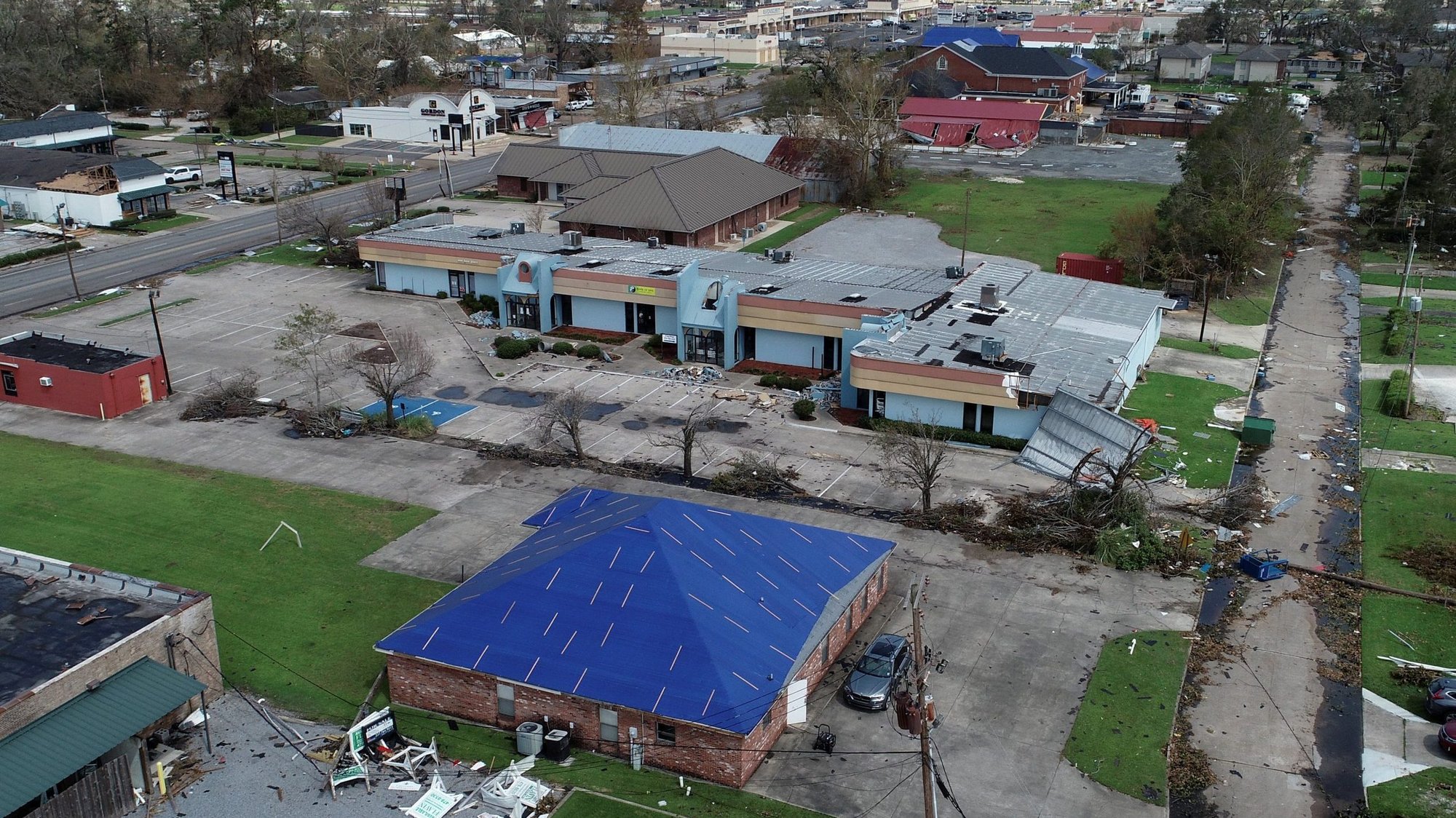 Buildings damaged by Hurricane Laura are seen in an Aug. 30, 2020, aerial photograph in Lake Charles, La. (CNS photo/Drone Base, Reuters)