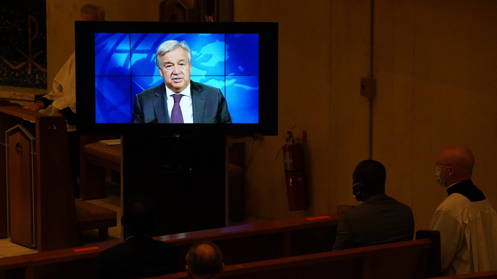 United Nations Secretary-General Antonio Guterres delivers his remarks via video during a prayer service for U.N. diplomats Sept. 14, 2020, at Holy Family Church in New York City. The service, hosted by the Vatican's Permanent Observer Mission to the U.N., was held on the eve of the opening of the 75th session of the U.N. General Assembly. (CNS photo/Gregory A. Shemitz)