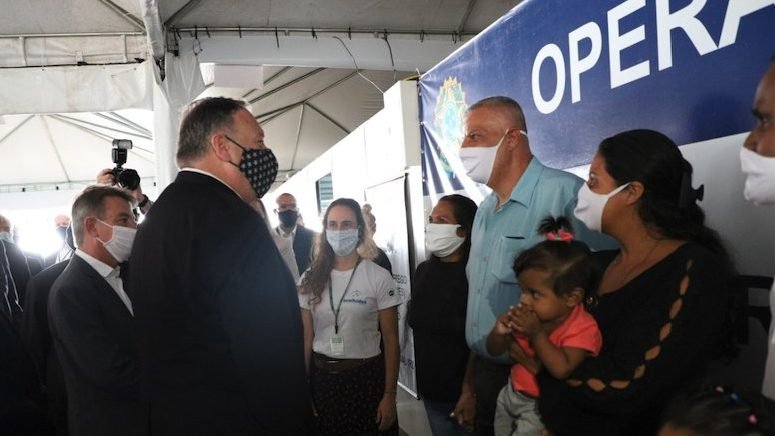 U.S. Secretary of State, Mike Pompeo speaks to Venezuelans Sept. 18, 2020, who fled to Brazil amid their homeland's economic and political crises. (CNS photo/courtesy UNHCR)