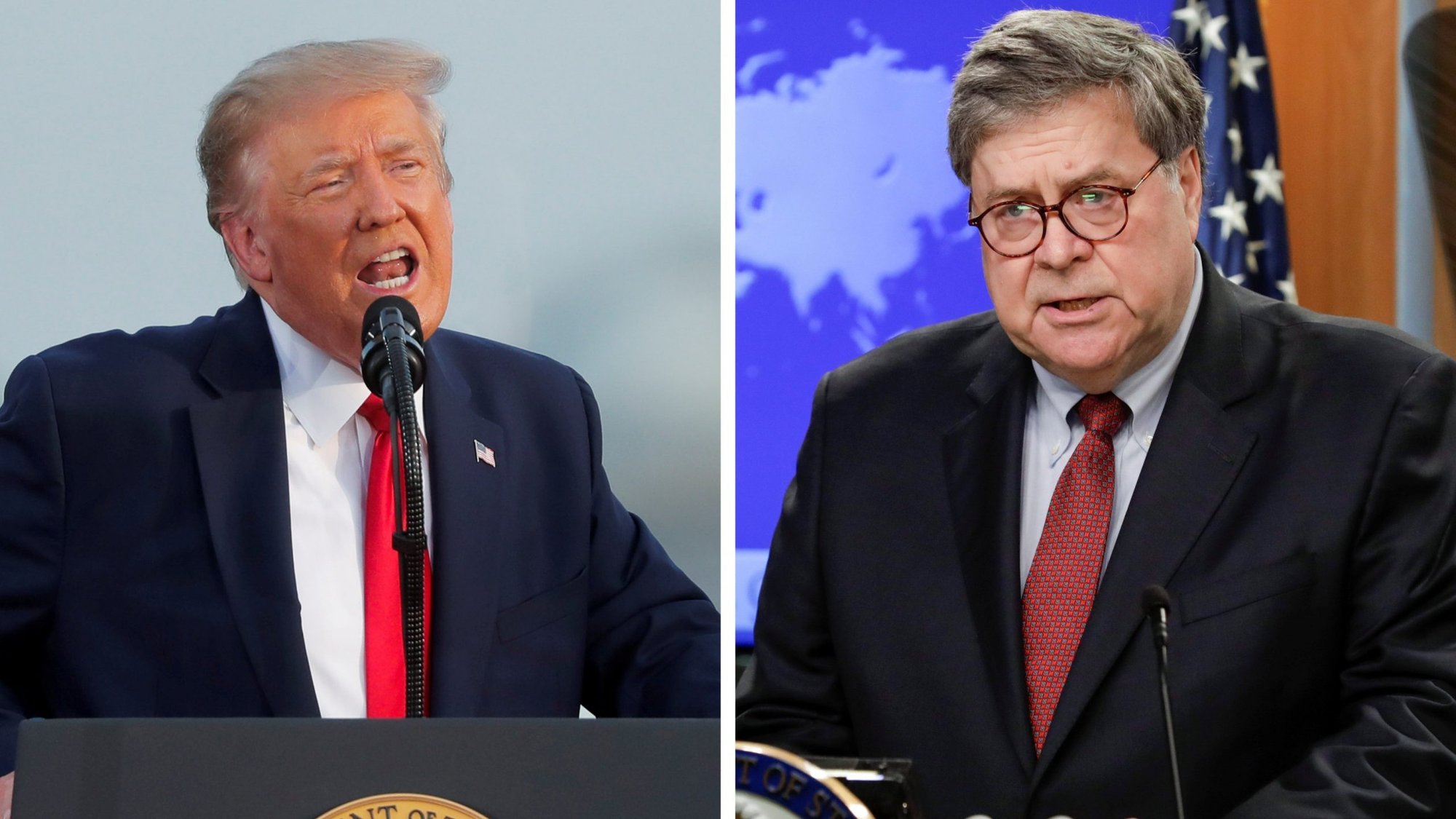 President Donald Trump and Attorney General William Barr are seen in this composite photo. (CNS composite/photos by Carlos Barria, Reuters; Yuri Gripas, pool via Reuters)