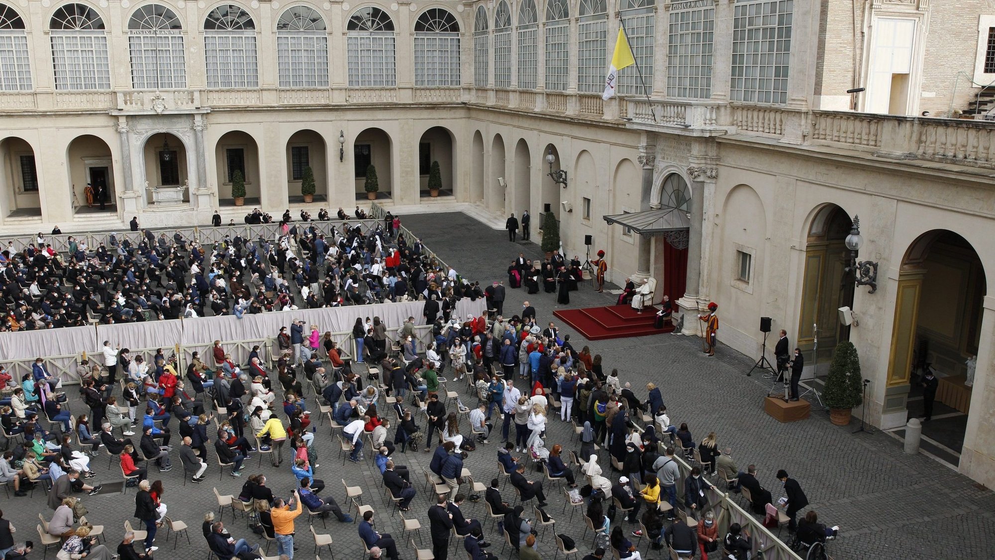 Pope Francis leads his general audience in the San Damaso courtyard at the Vatican Sept. 30, 2020. (CNS photo/Paul Haring)