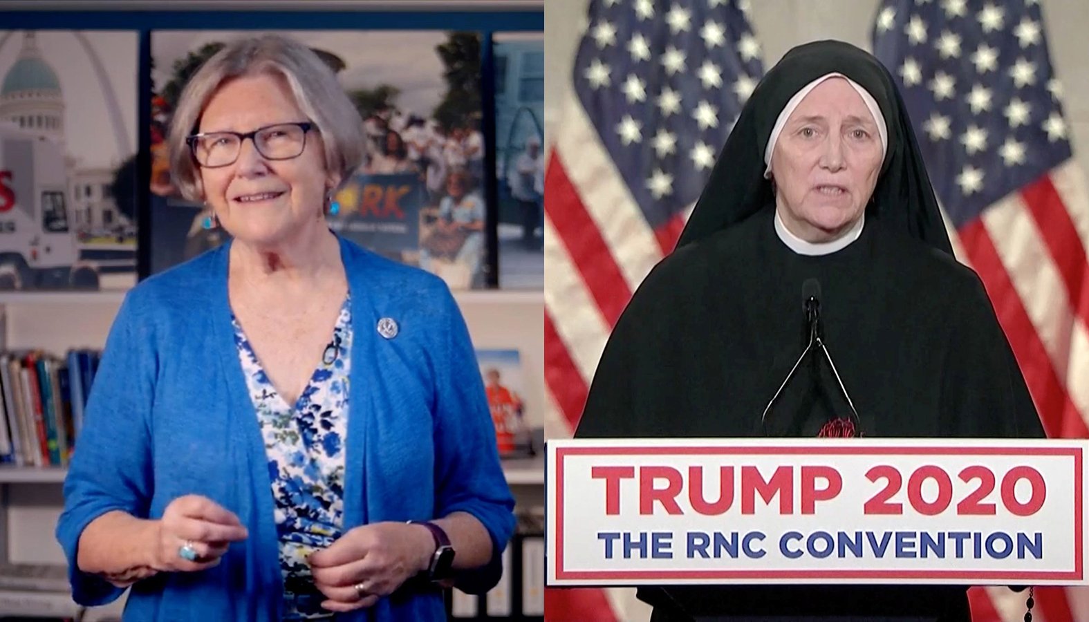 Sister Simone Campbell (left) and Sister Deirdre Bryne (right) were speakers at the DNC and RNC for the 2020 election. (CNS photos)