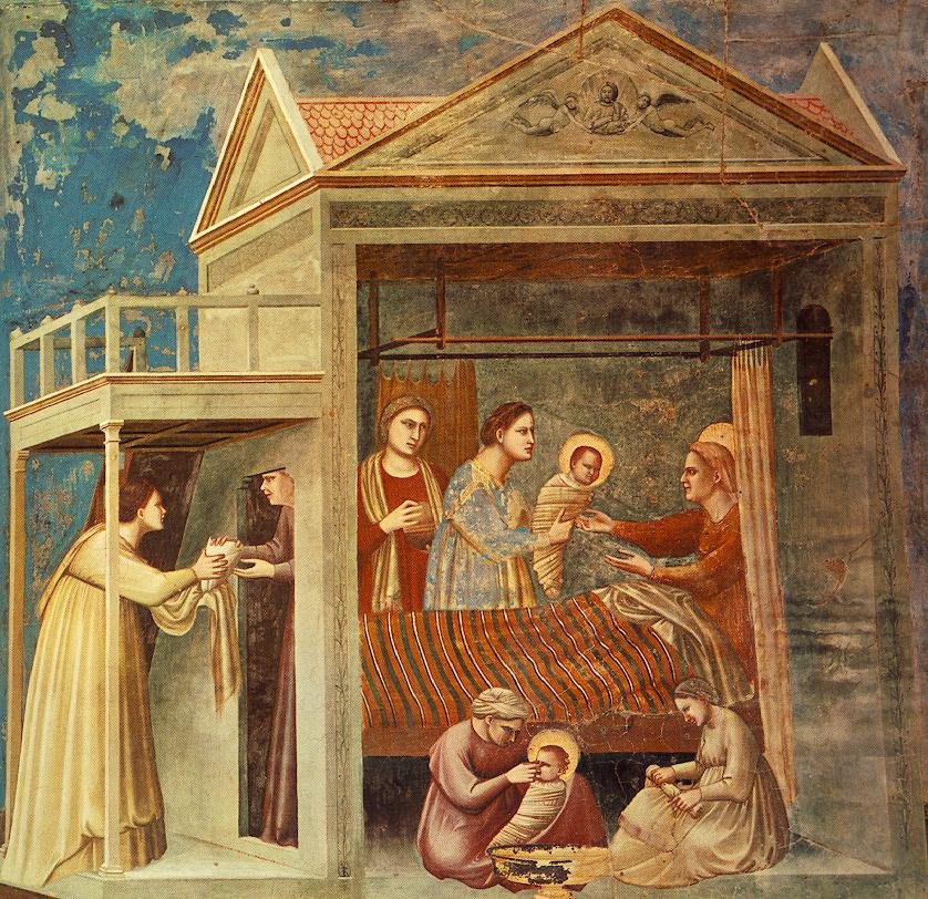 "The Birth of the Blessed Virgin Mary," by Giotto, in the Scrovegni Chapel Padua, Italy, c. 1305. (Wikipedia)