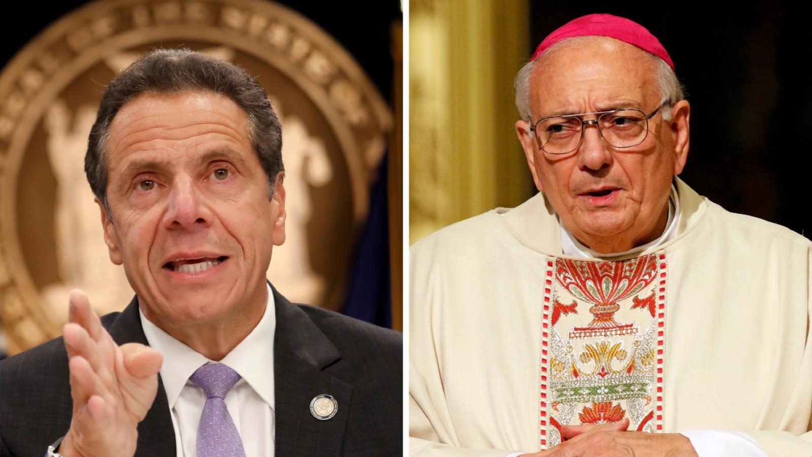 New York Gov. Andrew Cuomo and Bishop Nicholas DiMarzio of Brooklyn, N.Y., are seen in this composite photo. (CNS composite; photos by Shannon Stapleton, Reuters, and Gregory A. Shemitz)