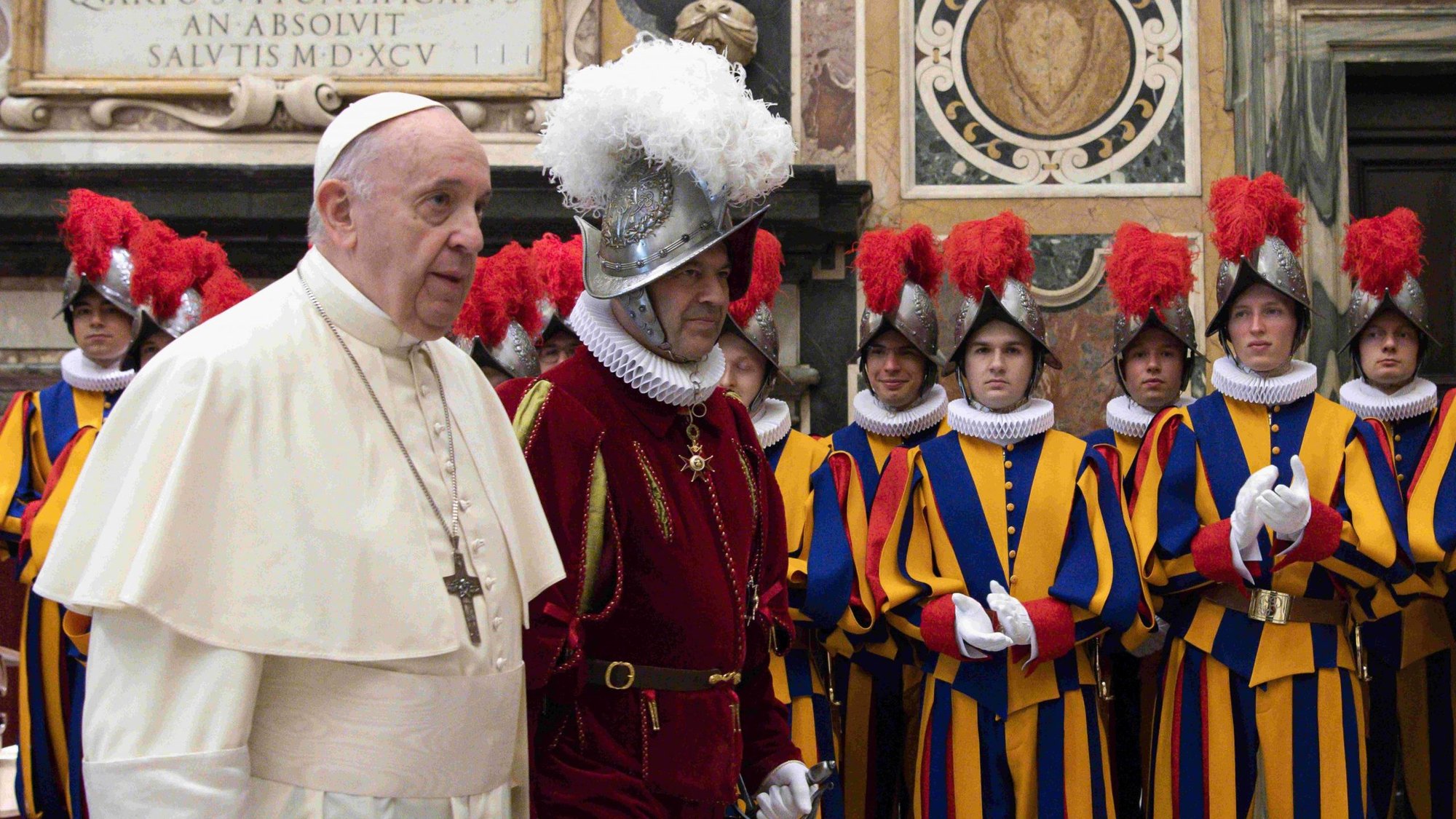 Pope Francis welcomes 38 recruits to the Swiss Guard Oct. 2, 2020, at the Vatican as well as their family members. The pope assured them that God always stands by their side, offering comfort and consolation. (CNS photo/Vatican Media)
