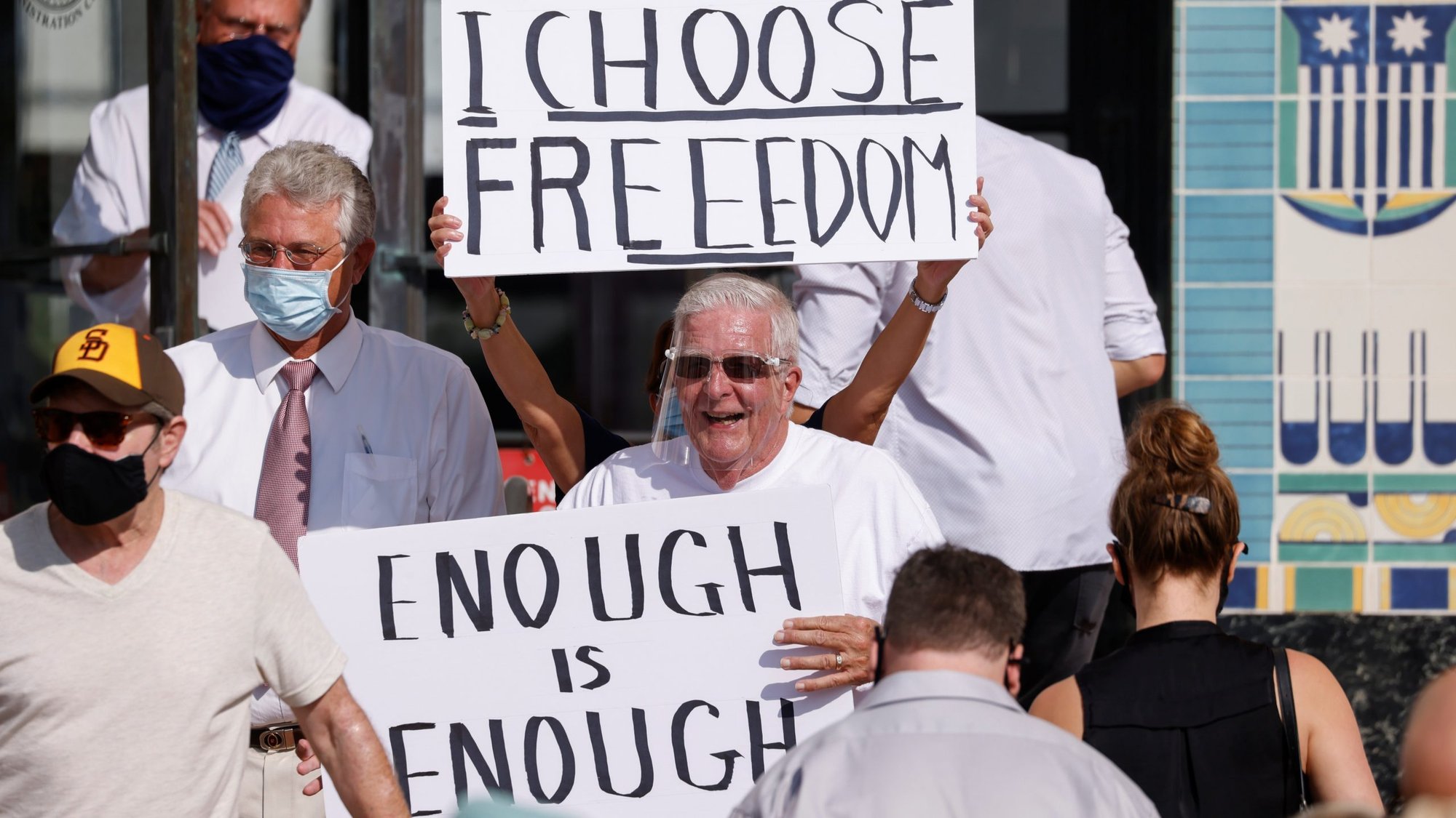 Business owners in San Diego rally for legal action against California Gov. Gavin Newsom's coronavirus shutdowns Sept. 21, 2020. (CNS photo/Mike Blake, Reuters)