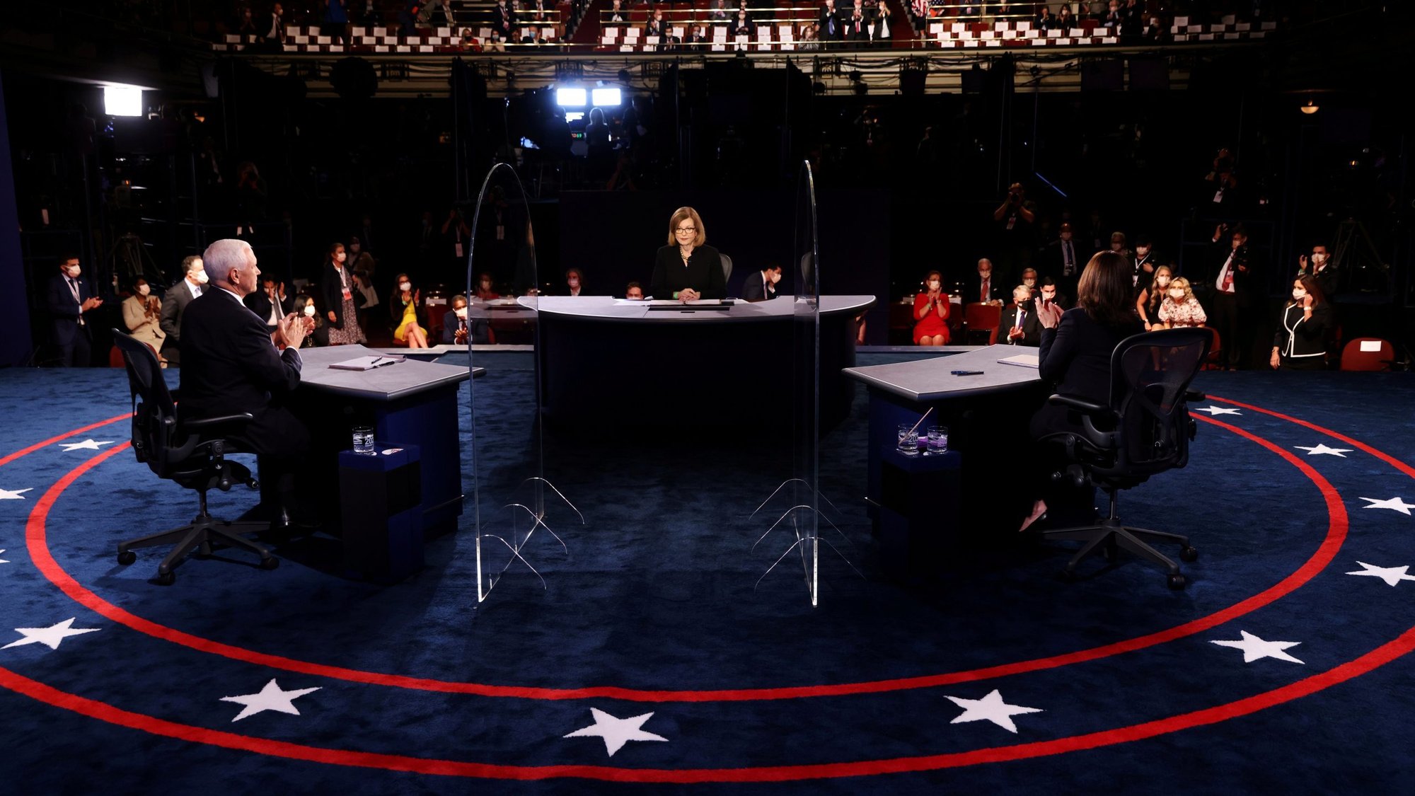 Vice President Mike Pence and Democratic vice presidential nominee Sen. Kamala Harris speak during the vice presidential debate on the campus of the University of Utah in Salt Lake City Oct. 7, 2020. (CNS photo/Justin Sullivan, Pool via Reuters)