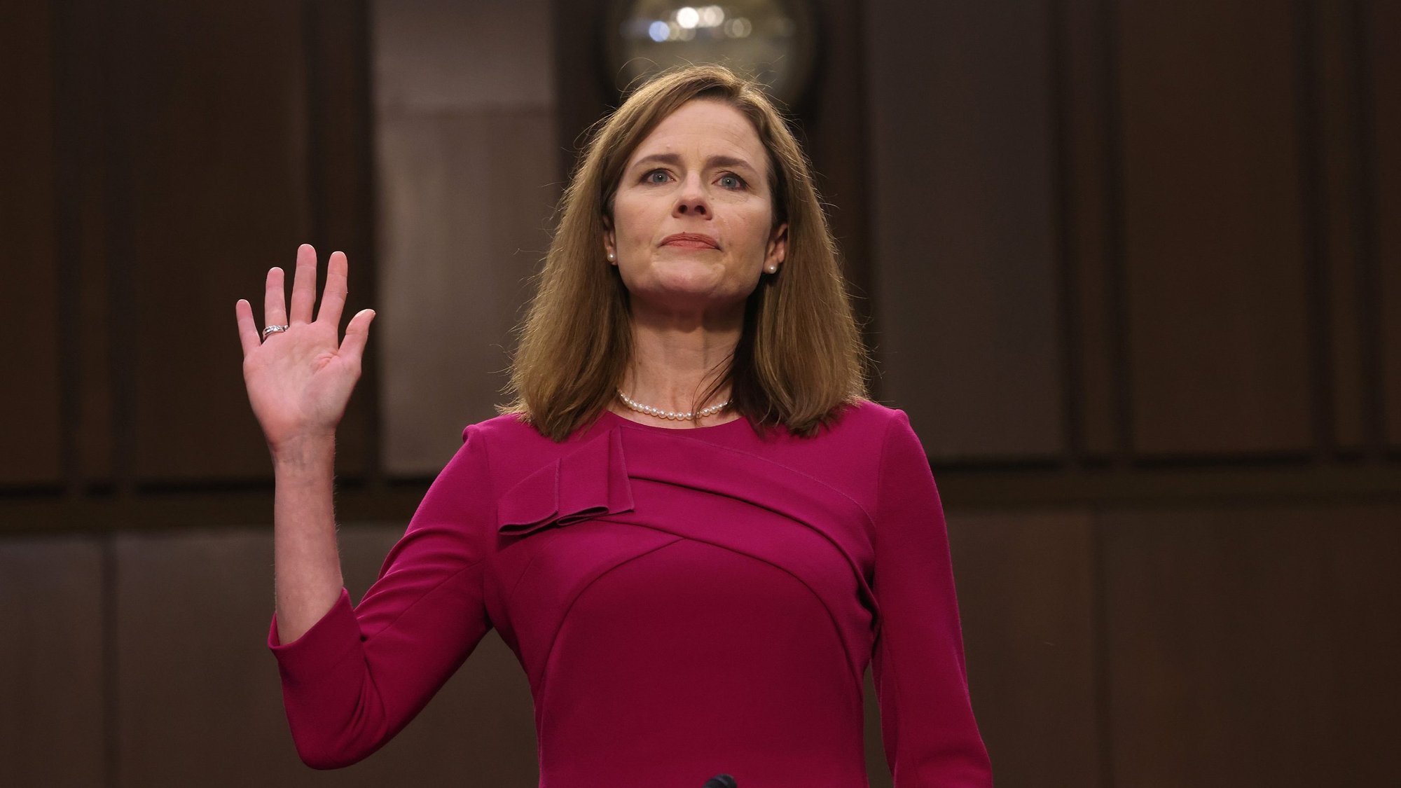 Judge Amy Coney Barrett of the U.S. Court of Appeals for the 7th Circuit, President Donald Trump's nominee for the U.S. Supreme Court, is sworn in for her confirmation hearing before the Senate Judiciary Committee on Capitol Hill in Washington Oct. 12, 2020. (CNS photo/Win McNamee, Pool via Reuters)