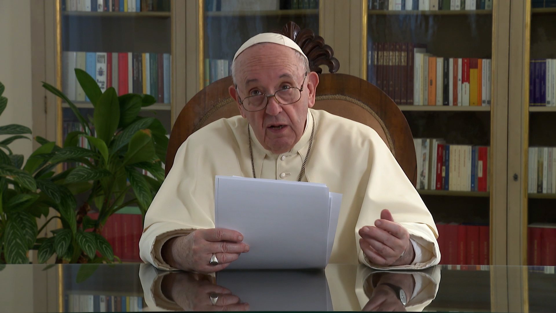 Pope Francis is pictured in screenshot speaking in an Oct. 15, 2020, video message to participants of the Global Compact on Education. (CNS screenshot/Vatican Media)