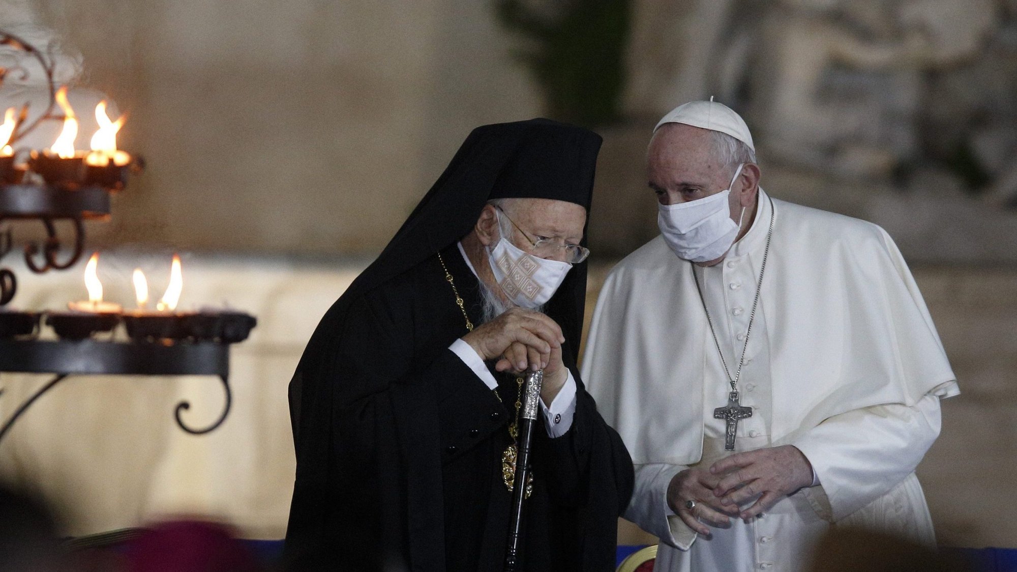 Pope Francis talks with Ecumenical Patriarch Bartholomew during an encounter to pray for peace, in Piazza del Campidoglio in Rome Oct. 20, 2020. (CNS photo/Paul Haring)