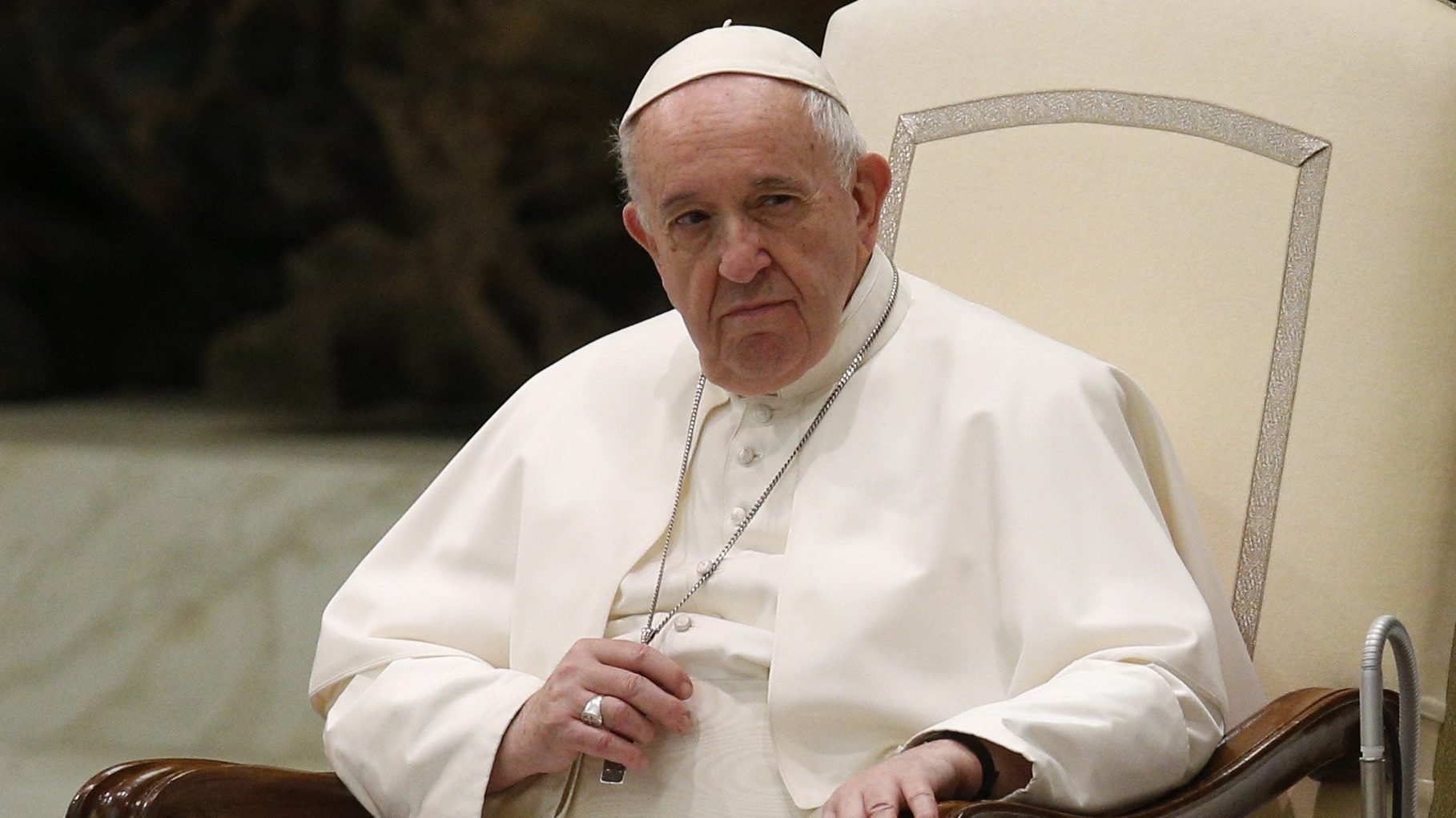 Pope Francis leads his general audience in Paul VI hall at the Vatican Oct. 21, 2020. In a new documentary, Pope Francis expressed openness to the idea of laws recognizing civil unions, including for gay couples, to protect their rights. (CNS photo/Paul Haring)