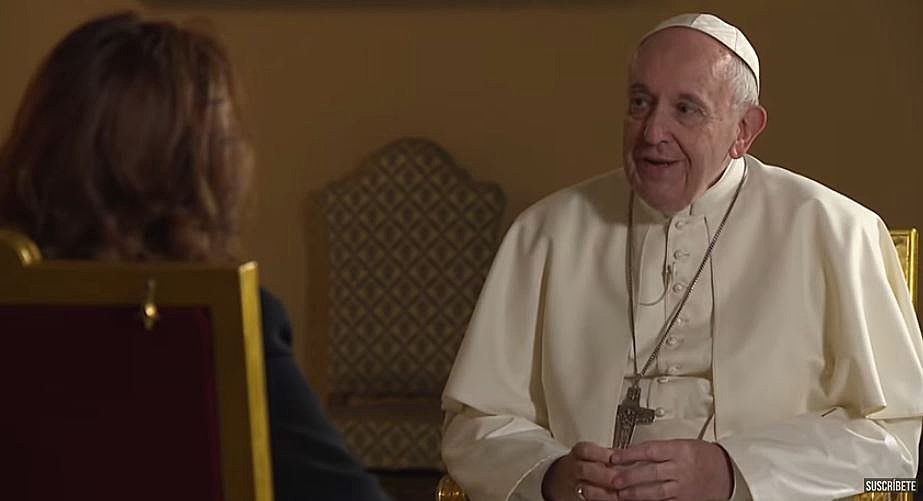 Pope Francis speaks with Valentina Alazraki of the Mexican television station Televisa during an interview that aired in May 2019. Clips, apparently cut from the interview and showing Pope Francis talking about civil unions, is used in the documentary "Francesco" by Evgeny Afineevsky. (CNS screenshot/Noticieros Televisa via YouTube)