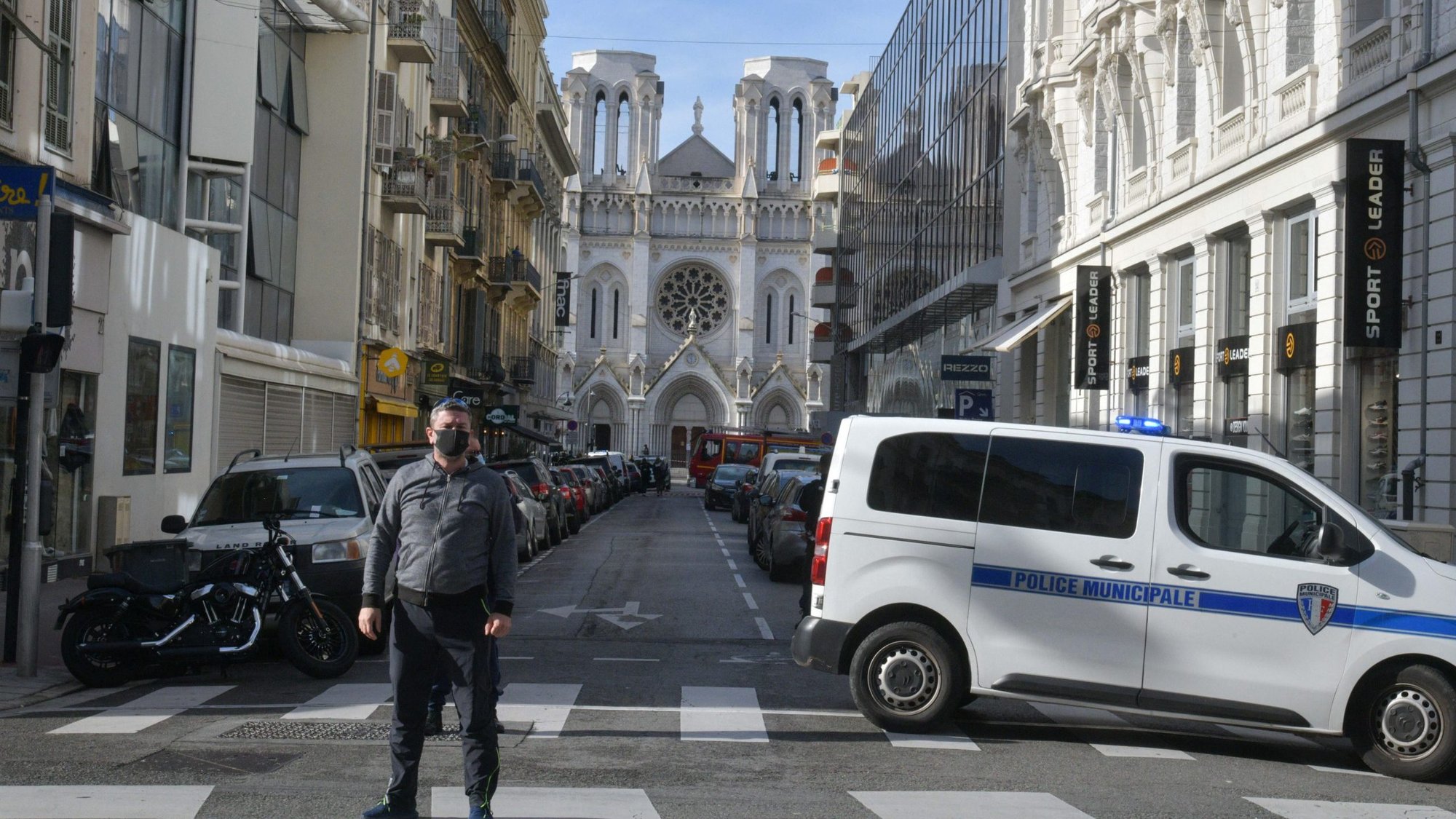 Police stand near Notre Dame Basilica in Nice, France, Oct. 29, 2020, after at least three people were killed in a series of stabbings before Mass. France raised its alert level to maximum after the attack. (CNS photo/ABACAPRESS.COM via Reuters)