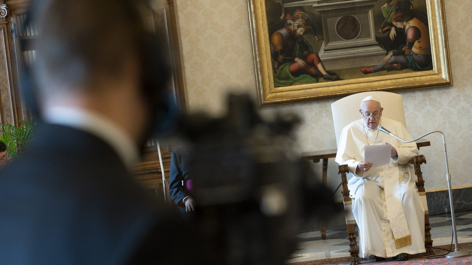 Pope Francis leads his weekly general audience via livestream from the library of the Apostolic Palace at the Vatican June 10, 2020, during the COVID-19 pandemic. The weekly papal audiences will return to being livestreamed without the presence of the faithful in November after a person attending the Oct. 21 audience tested positive for COVID-19. (CNS photo/Vatican Media)
