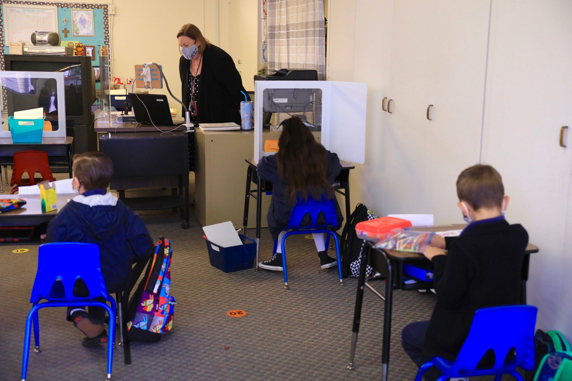 Students in the classroom on the first day of in-person instruction for grades TK-2nd at St. Maria Goretti School in Long Beach. (David Amador Rivera/Angelus)