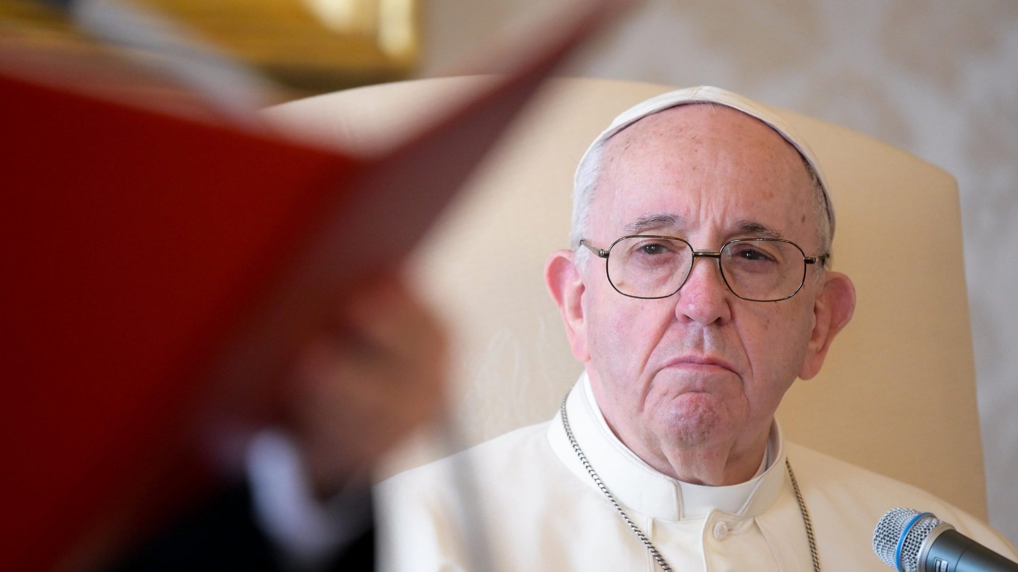 Pope Francis leads his general audience in the library of the Apostolic Palace at the Vatican Nov. 11, 2020. A day after the Vatican released its extensive report on former Cardinal Theodore E. McCarrick, the pope renewed the Catholic Church's pledge to uproot the scourge of sexual abuse. (CNS photo/Vatican Media)