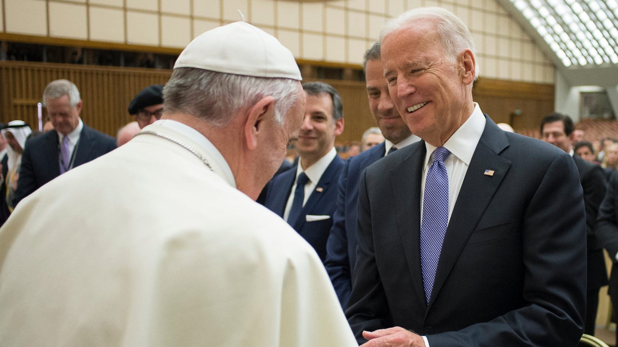 Pope Francis greets U.S. Vice President Joe Biden after both spoke at a conference on adult stem-cell research at the Vatican in this April 29, 2016, file photo. (CNS photo/L'Osservatore Romano)