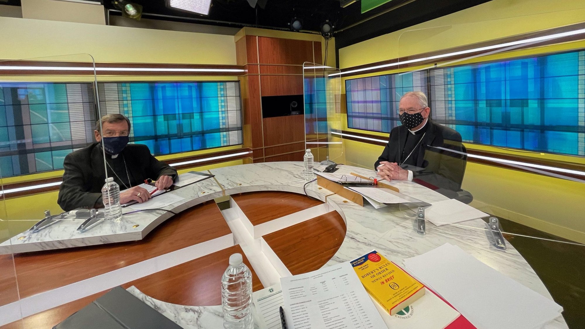 Detroit Archbishop Allen H. Vigneron, vice president of the U.S. Conference of Catholic Bishops, and Los Angeles Archbishop José H. Gomez, USCCB president, are pictured in the studio at USCCB headquarters in Washington Nov. 16, 2020. They were in the studio for the bishops' fall general assembly, convened virtually due to the coronavirus pandemic. (CNS photo/courtesy Msgr. J. Brian Bransfield)