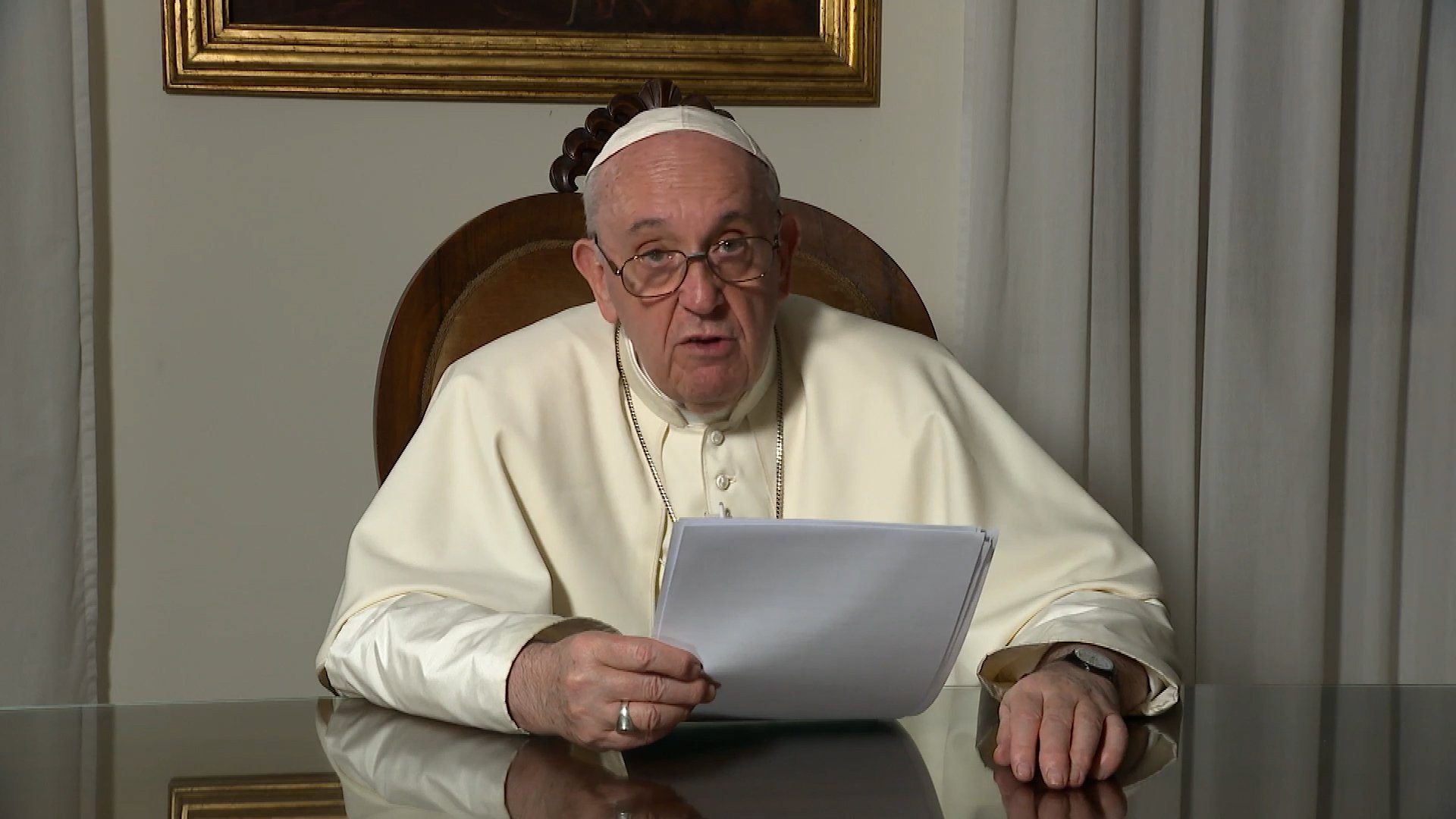 Pope Francis is seen delivering a message for the Nov. 19-20 virtual seminar, "Latin America: Church, Pope Francis and scenarios of the pandemic," in this still image taken from a video released by the Vatican Nov. 19, 2020. The pope said government leaders and authorities must not exploit the COVID-19 pandemic to discredit political rivals but instead set aside differences to find solutions. (CNS photo/Holy See Press Office)