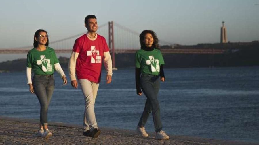 Young people wearing T-shirts with the official WYD Lisbon 2023 logo. (WYD Lisbon 2023 via CNA)