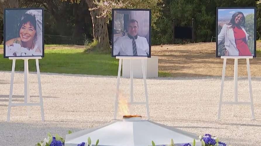 Portraits of Nadine Devillers, Vincent Loques, and Simone Barreto Silva. (Screengrab from the livestream of the Nice attack victims' memorial Nov. 7, 2020)