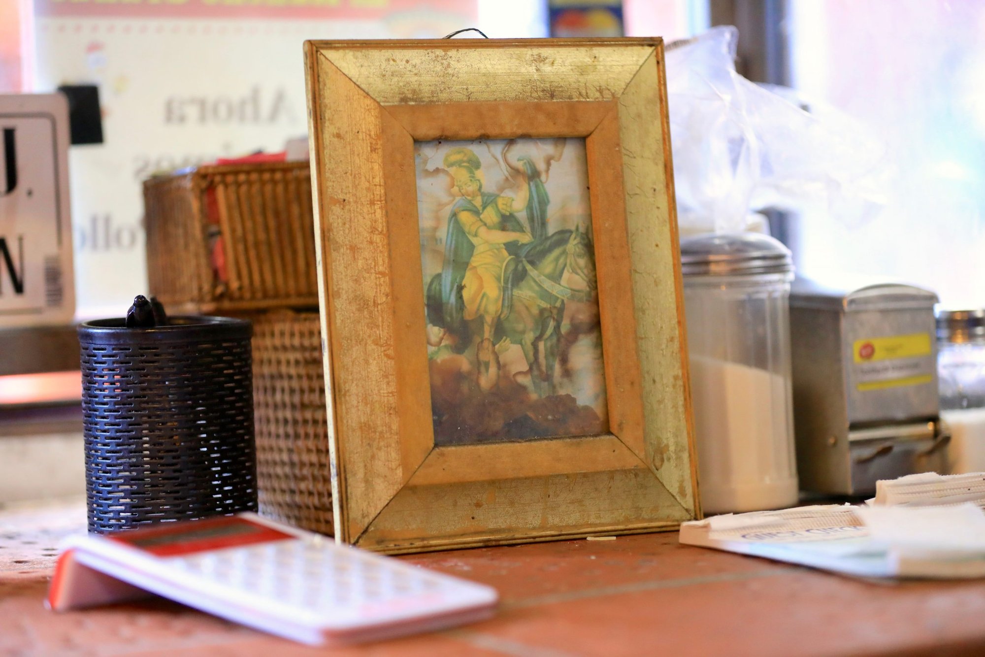 An devotional image of St. Martin of Tours at "El Rancho Grande," a Mexican restaurant near LA's Placita Olvera. (David Amador Rivera)