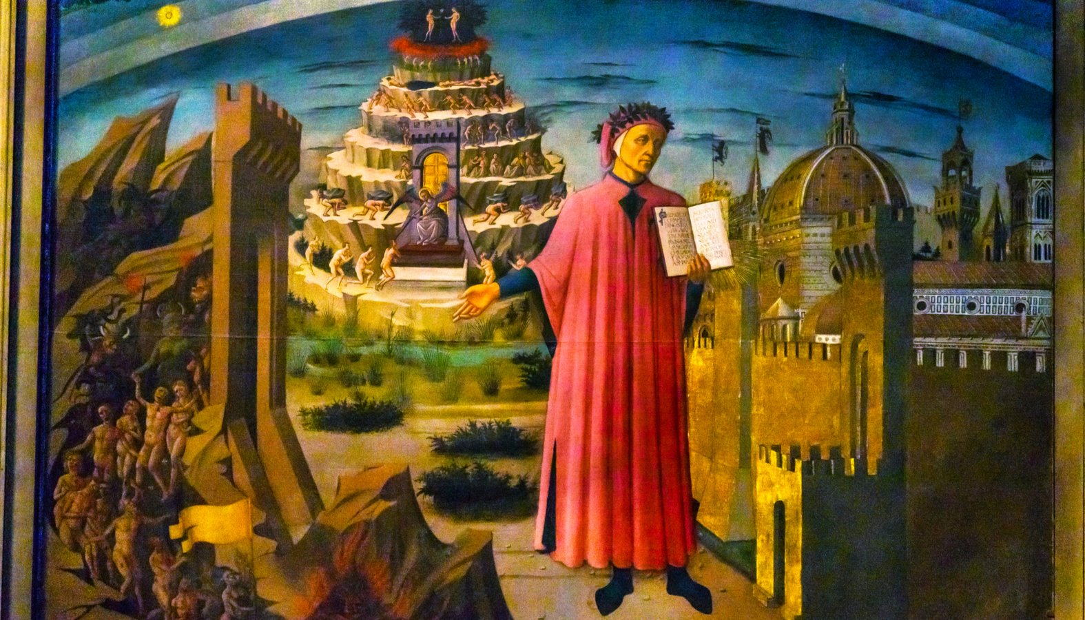 "Dante's Divine Comedy," 1465, by Domenico di Michelino in Duomo Cathedral Santa Maria del Fiore Church, Florence, Italy. (Bill Perry/Shutterstock)