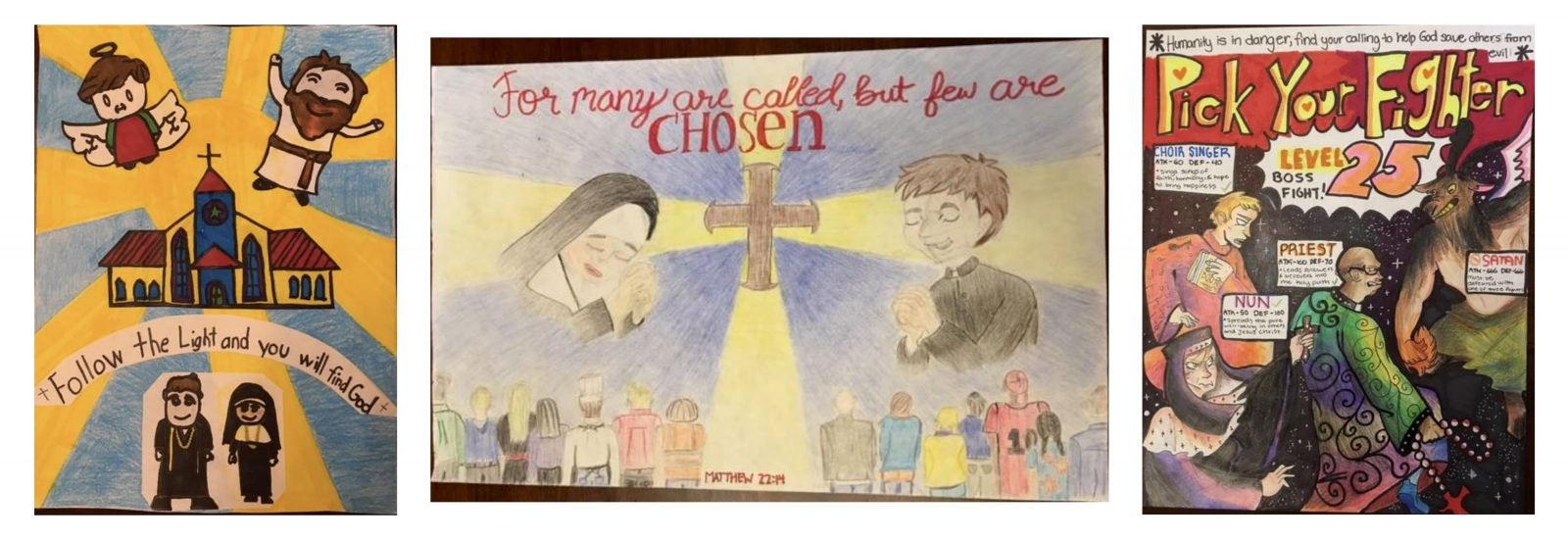 Several of the finalist vocations posters from the last two years. From left to right: Jason Castro (Sacred Heart), Judith Cantilan (St. Mary), Athina Milionis (Incarnation)